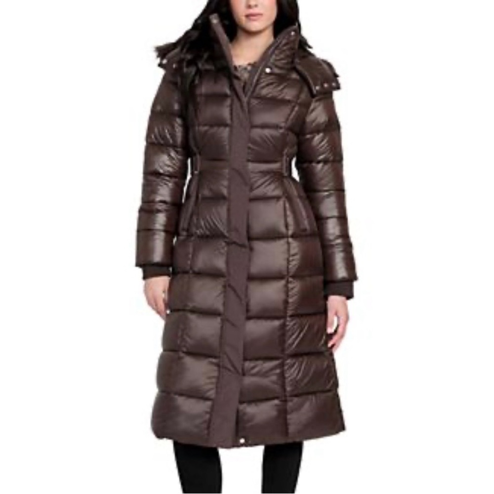 Women's Faux-Fur Trim Hooded Maxi Puffer Coat- Brown